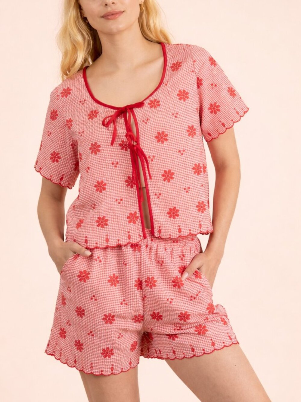 B41 Floral Embroidery Woven Top & Shorts Set RED NEW